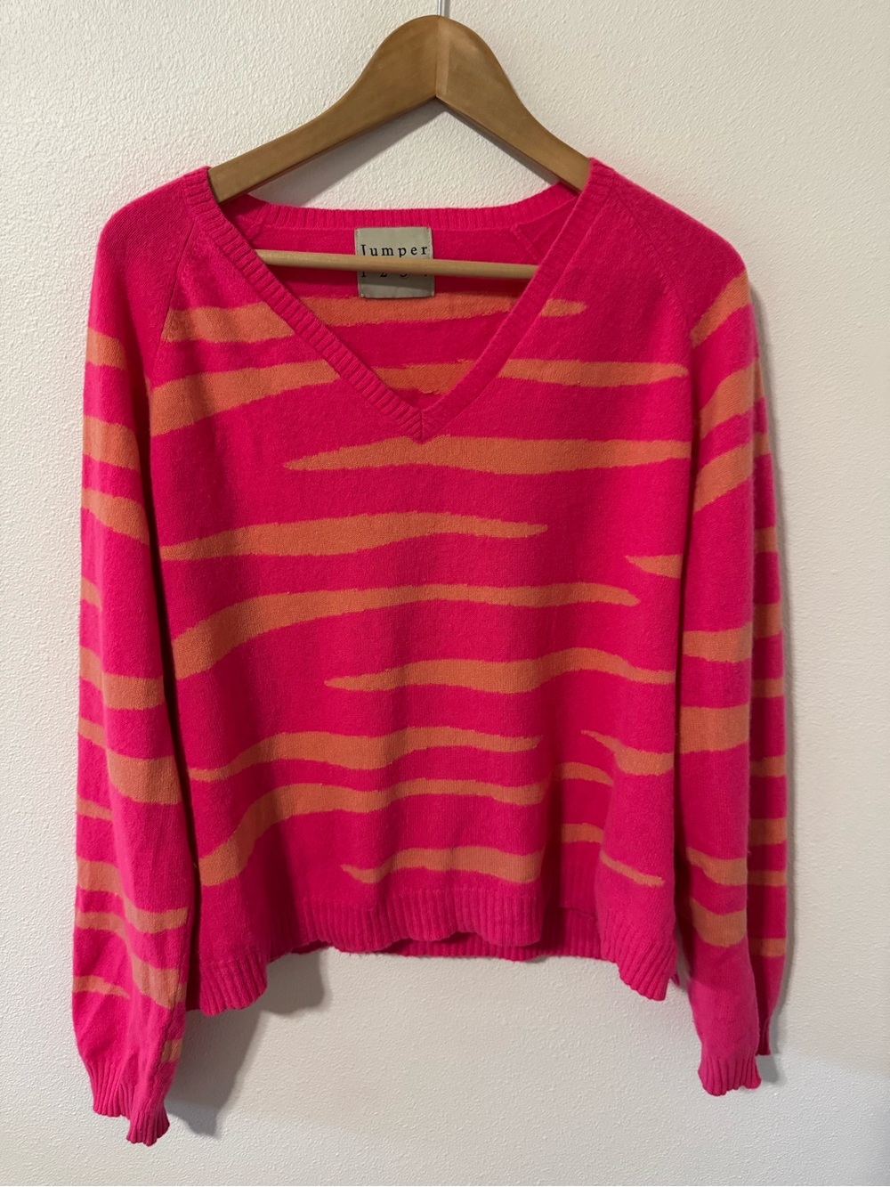 Jumper 1234 Cashmere Tiger Stripe V Neck Sweater Hot Pink Orange Luxury-3/Large